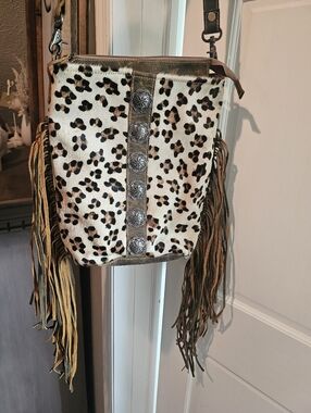 Myra Fringed Leopard Print Western Cowhide Leather Bag